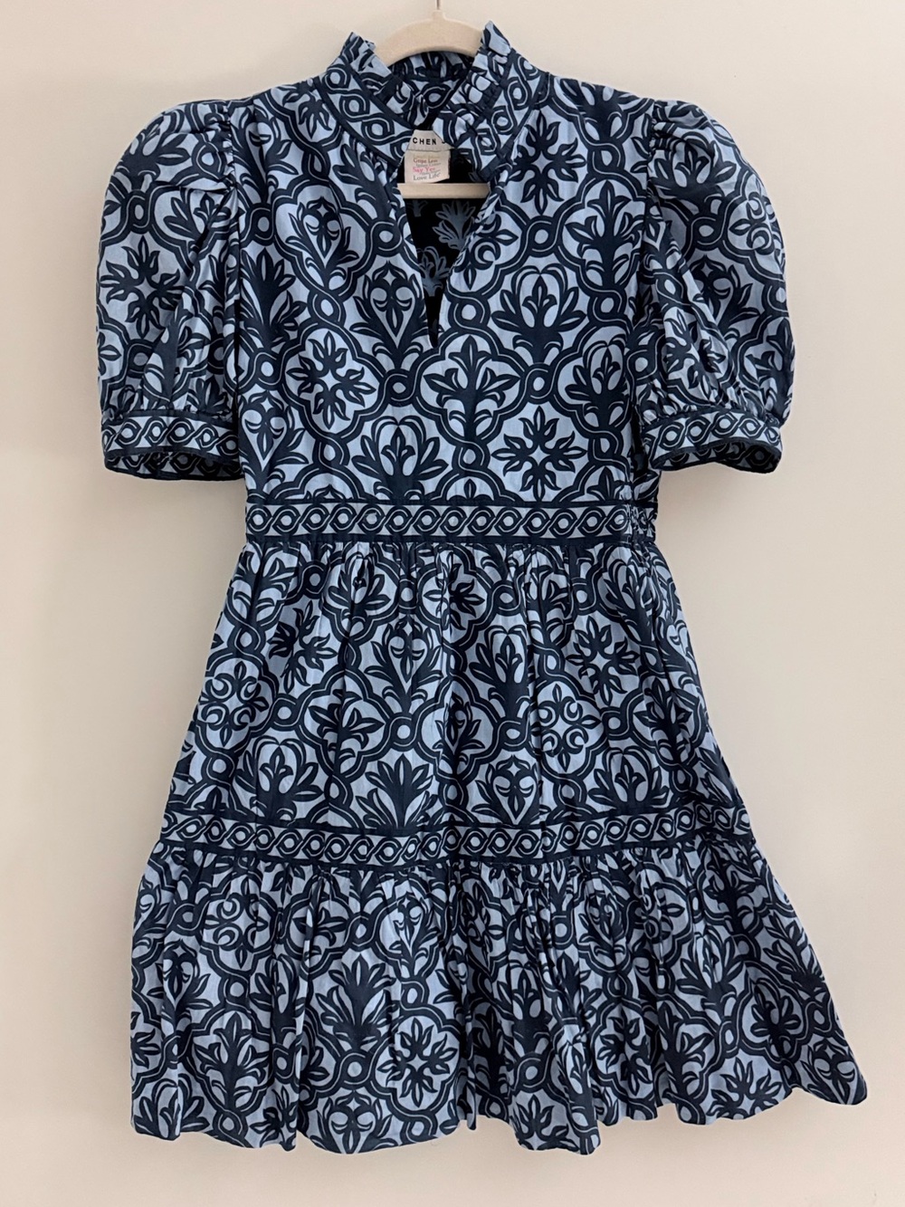 Gretchen Scott Dress Ruffle Neck Blue/White Geometric Size S Preppy Work Casual